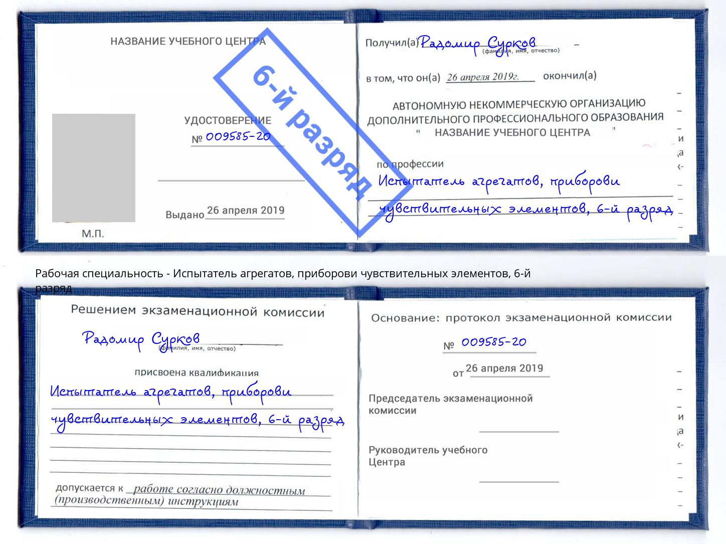 корочка 6-й разряд Испытатель агрегатов, приборови чувствительных элементов Зеленодольск