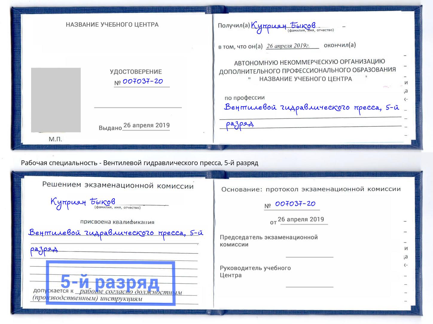 корочка 5-й разряд Вентилевой гидравлического пресса Зеленодольск