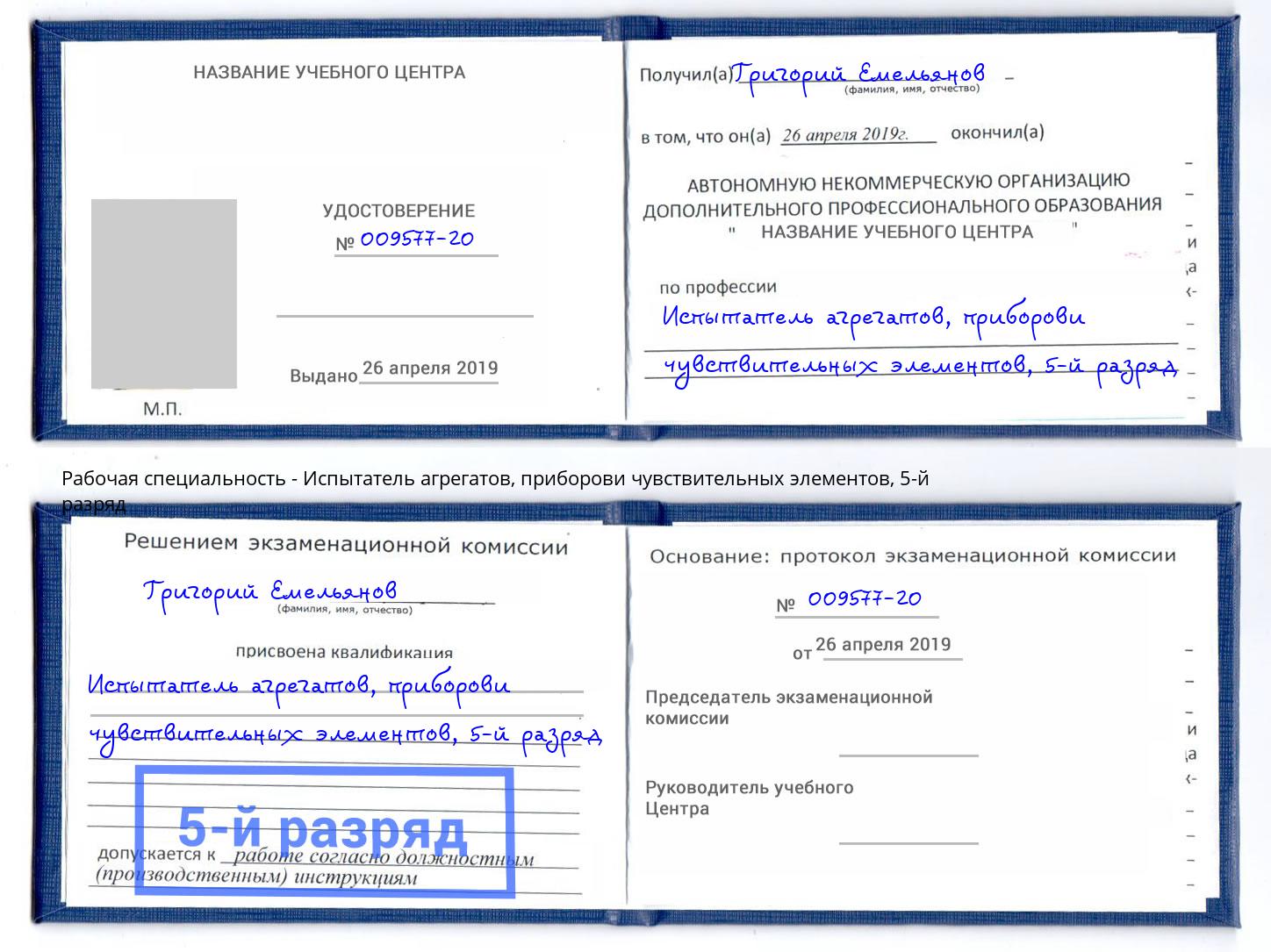 корочка 5-й разряд Испытатель агрегатов, приборови чувствительных элементов Зеленодольск