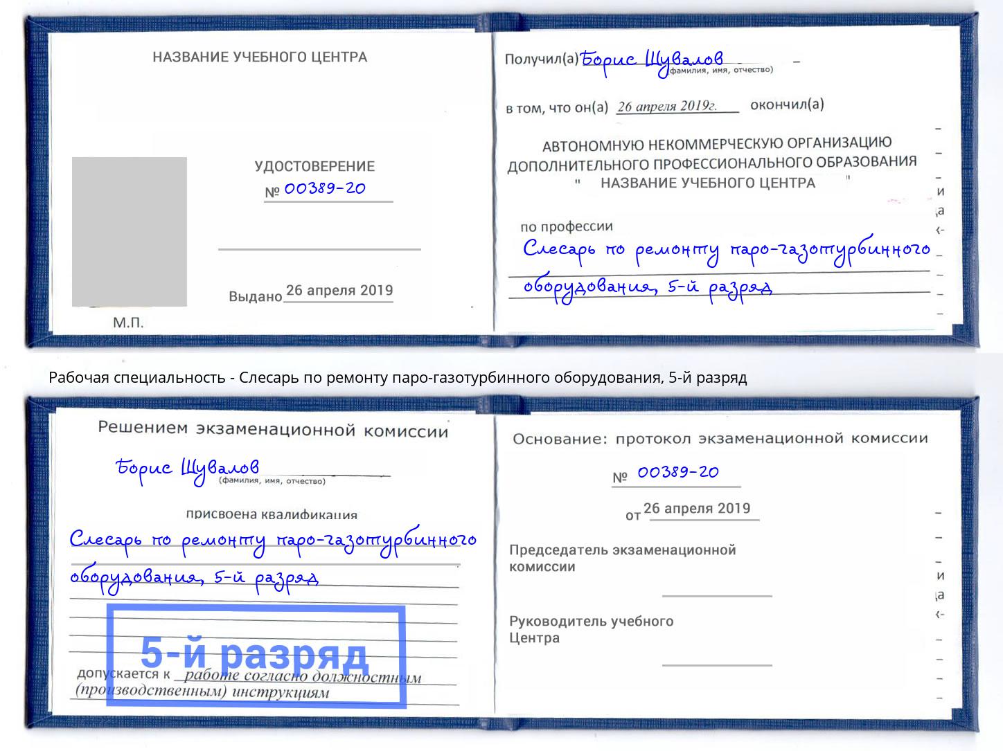 корочка 5-й разряд Слесарь по ремонту паро-газотурбинного оборудования Зеленодольск