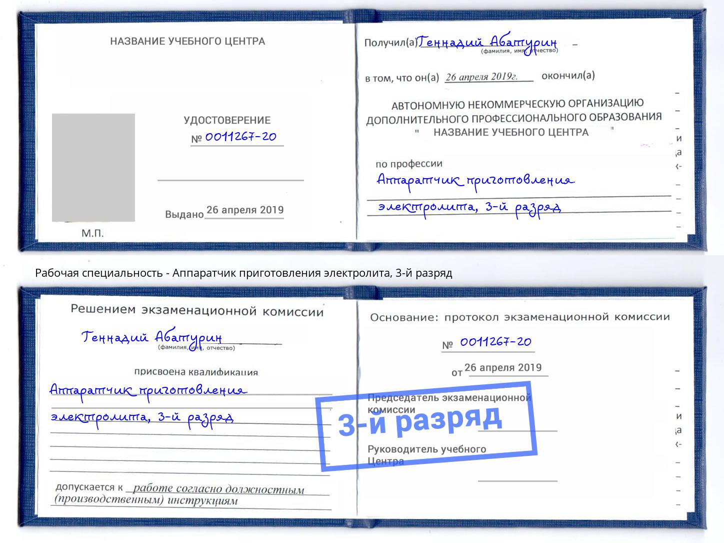 корочка 3-й разряд Аппаратчик приготовления электролита Зеленодольск