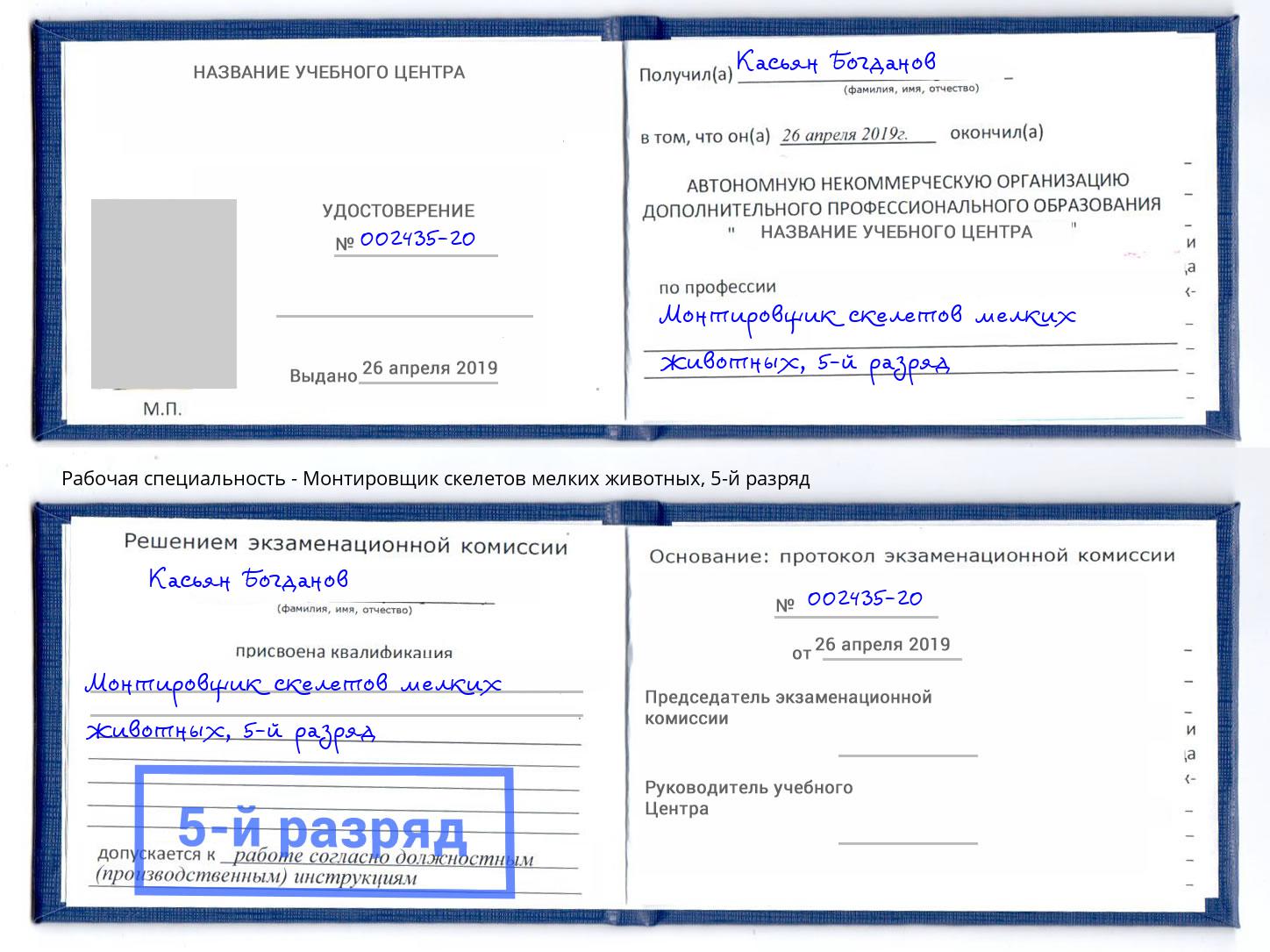 корочка 5-й разряд Монтировщик скелетов мелких животных Зеленодольск