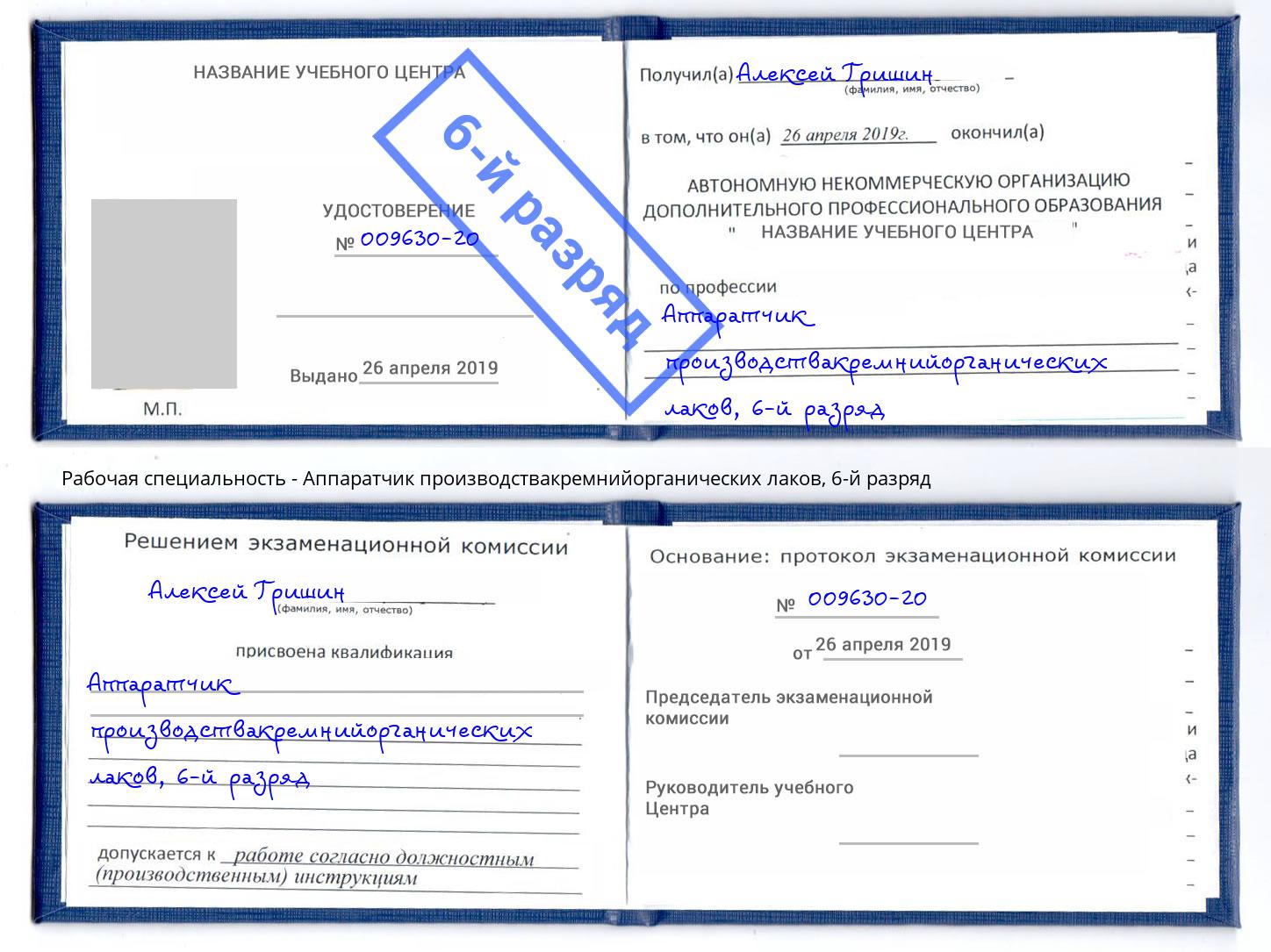 корочка 6-й разряд Аппаратчик производствакремнийорганических лаков Зеленодольск