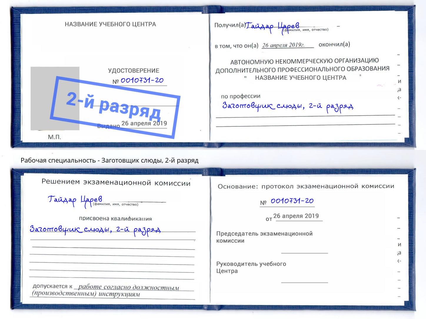 корочка 2-й разряд Заготовщик слюды Зеленодольск