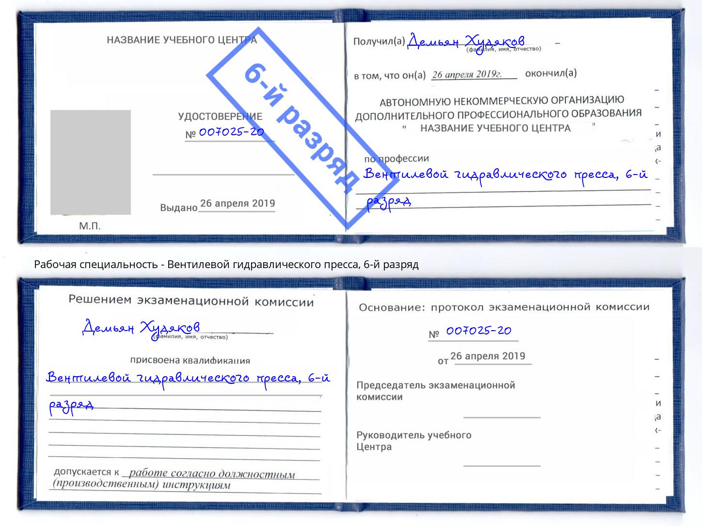 корочка 6-й разряд Вентилевой гидравлического пресса Зеленодольск