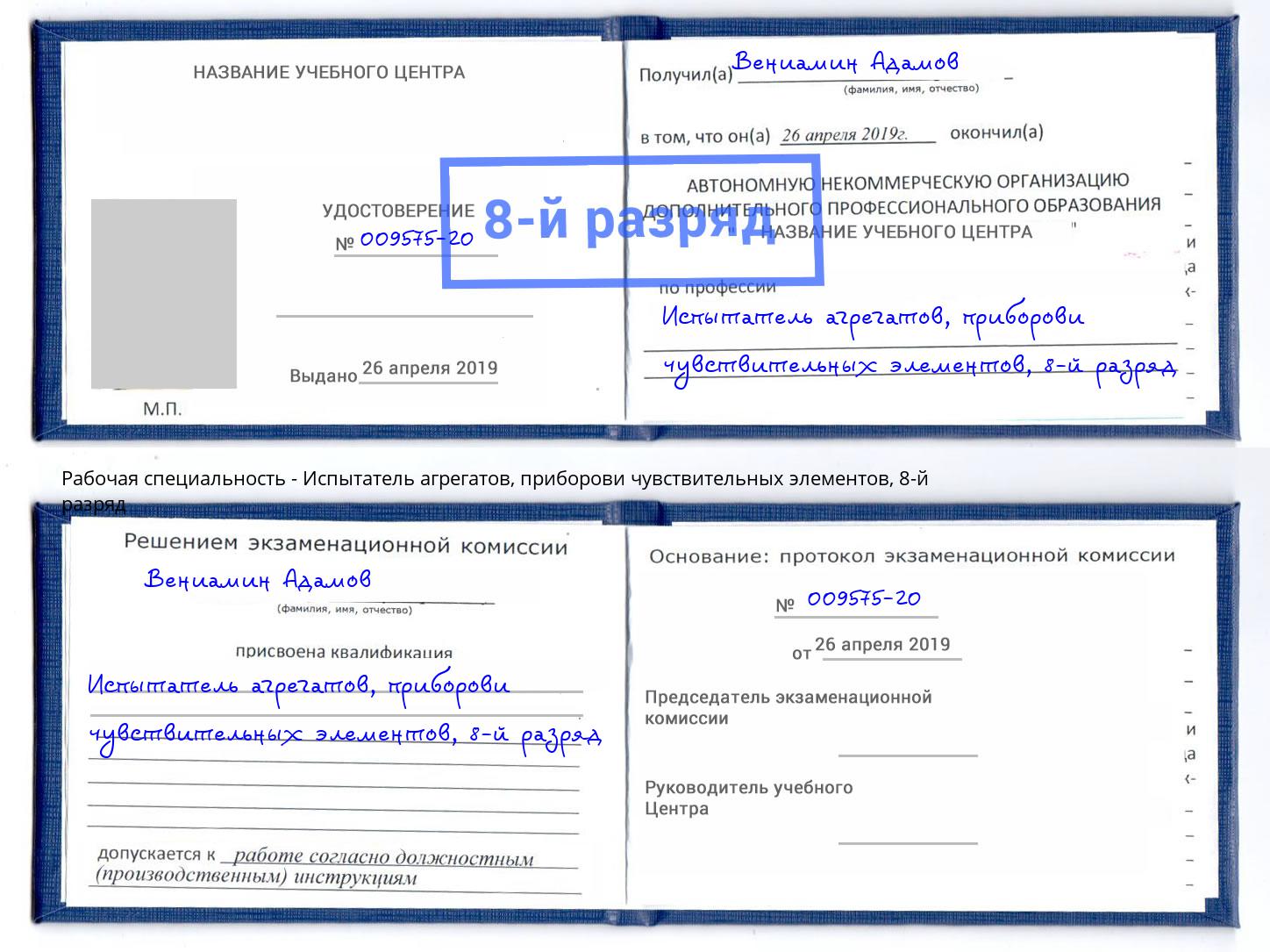 корочка 8-й разряд Испытатель агрегатов, приборови чувствительных элементов Зеленодольск